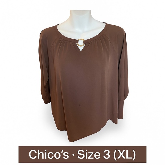 Chico’s Brown Ring-Neck Split Sleeve Blouse | Size 3 (XL) - Picture 1 of 6